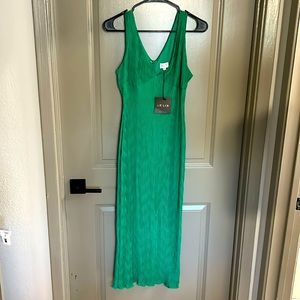 V Neck Satin Midi Dress Green XS